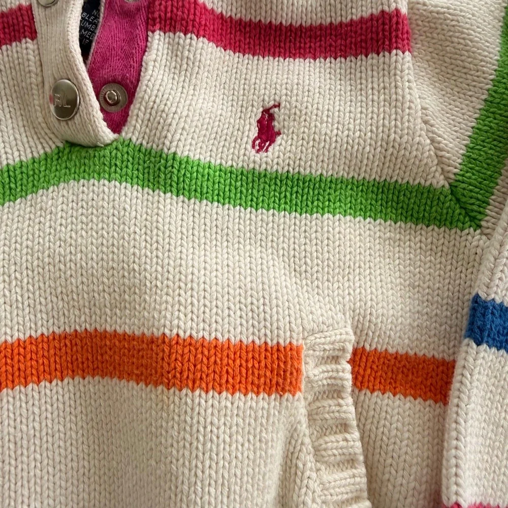 VTG Ralph Lauren 2T Multi Color Stripe Cotton Knit Snap Mock Neck Sweater Preppy
